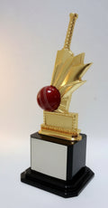 Trophy with a cricket ball and bat on a reflective base against a light gray background