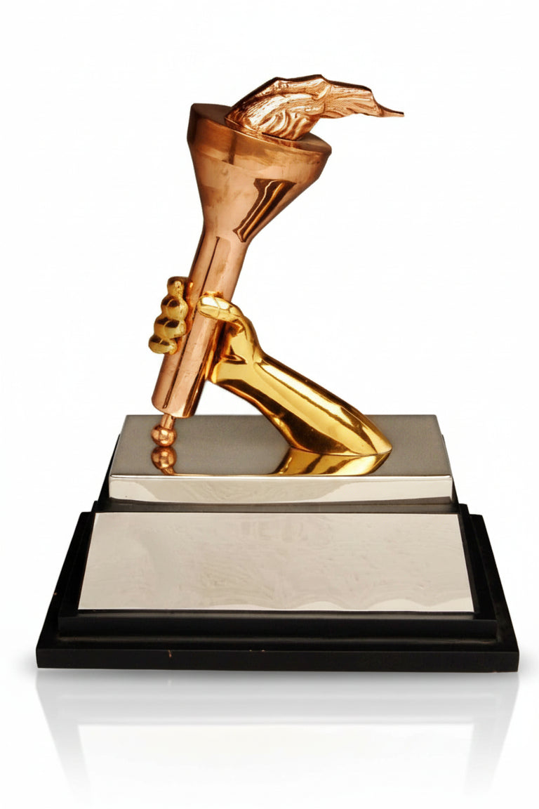 Gold trophy with a black base on a white background