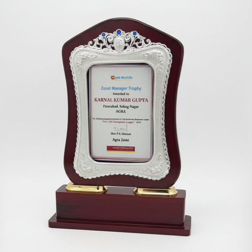 Decorative trophy with a certificate on a wooden base, featuring pricing information.