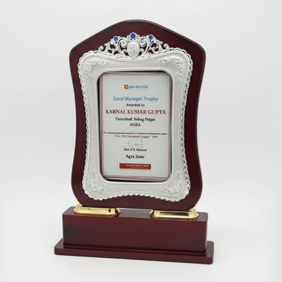 Decorative trophy with a certificate on a wooden base, featuring pricing information.