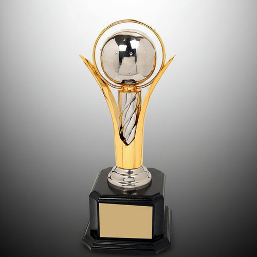 Gold and silver trophy with a black base on a gray background