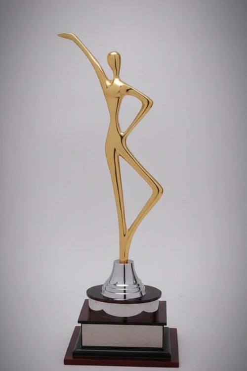 Gold and silver trophy with wooden base on a white background